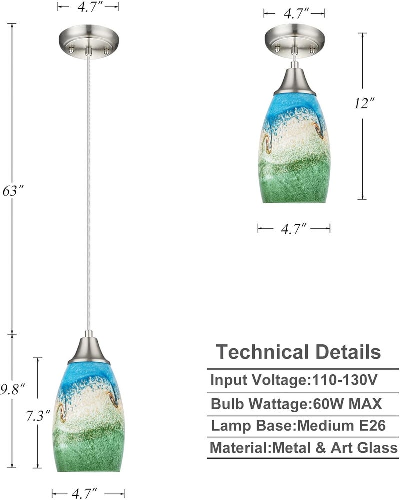 karyfine Mini Glass Pendant Lights,Blown Art Glass Pendant Hanging Light Fixtures Kitchen Island Pendant Lamp Shade with Brushed Nickel Finish for Bar Counter,Hallway,Dining Room Multi color-1P - Image 2